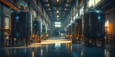 Poster - Industrial facility with large storage tanks and dimly lit interior in a manufacturing setting