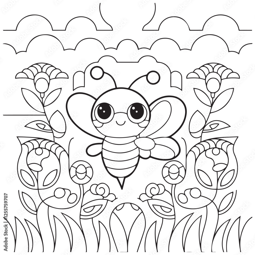 Cute kawaii cartoon character bee in the flower garden coloring page ...