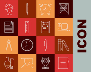 Poster - Set line Notebook, Office folders with papers and documents, Computer monitor keyboard mouse, Alarm clock, Ruler, File clip, Earth globe and Abacus icon. Vector