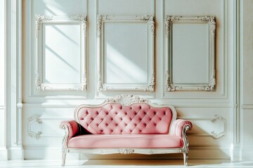 Poster - Elegant pink upholstered sofa in a stylish interior with ornate empty picture frames on a bright wall in natural light, perfect for chic decor themes