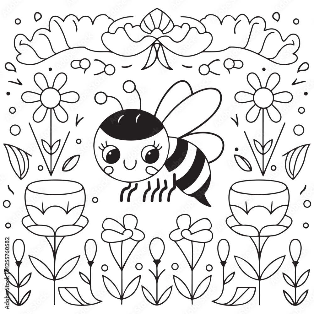 Cute kawaii cartoon character bee in the flower garden coloring page ...