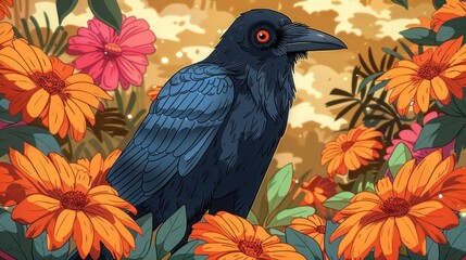 Poster - A raven amidst vibrant orange and pink flowers, showcasing nature's beauty.