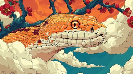 Poster - A stylized illustration of a large, colorful snake amidst clouds and branches.
