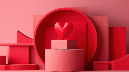 Aufkleber - Minimal Valentine's Day 3D design with a pink heart on a red podium