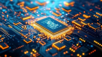 Poster - High-Tech Circuit Board with Glowing Microchip and Modern Electronic Components for Technology and Innovation Concepts in Computer Science
