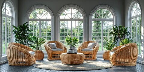 Poster - Cozy living space with stylish wicker furniture and abundant greenery under natural light