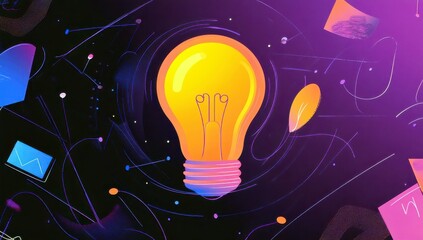Poster - Bright and Colorful Light Bulb Illustration with Abstract Elements and Creative Design Representing Innovation and Ideas