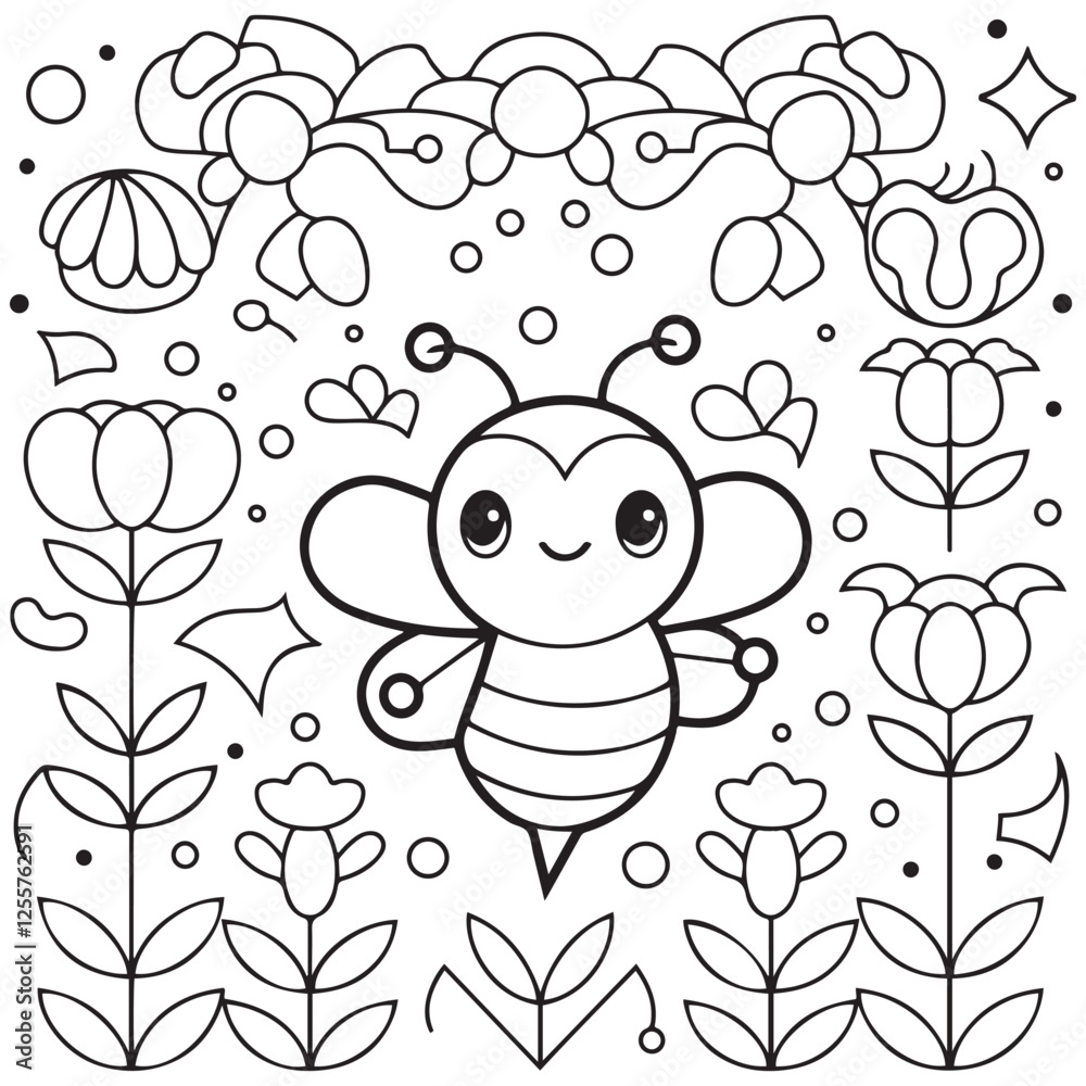 Cute kawaii cartoon character bee in the flower garden coloring page ...