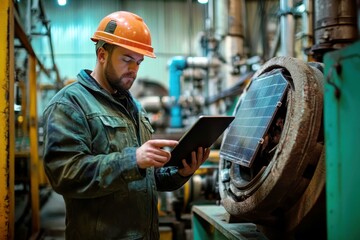 Poster - Industrial worker using tablet device to monitor machinery performance in factory environment with modern equipment and solar technology integration