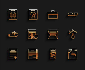 Poster - Set line Confirmed document and check mark, Contract with pen, Document graph chart, Torn contract, Ordered envelope, Shopping building shield, Plane and Mail e-mail icon. Vector