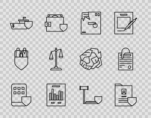 Poster - Set line Smartphone insurance, Document with shield, Ordered envelope, graph chart, Ship, Scales of justice, Judge gavel and File document and paper clip icon. Vector