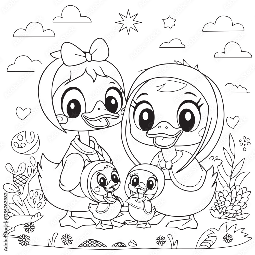 Cute kawaii duck family cartoon character coloring page vector ...