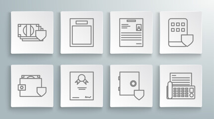 Poster - Set line Wallet and money with shield, Empty form, Certificate template, Safe, Fax machine, Personal document, Smartphone insurance and Money icon. Vector