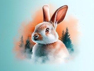 Poster - Enchanting watercolor painting of a rabbit in an abstract dreamlike forest setting with soft pastel hues whimsical brushstrokes and delicate airy textures  A captivating