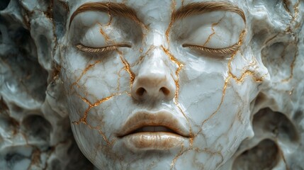 Poster - Marble Veins: A Detailed Portrait of a Face with Golden Accents, Evoking a Sense of Timeless Beauty and Intricate Design.