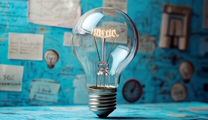 Poster - Vintage Light Bulb and Glowing Word Concept with Blue Background, Creative Ideas and Inspiration in Modern Design Aesthetic