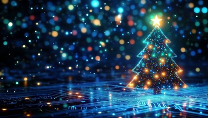 Poster - Sparkling Christmas Tree with Glowing Lights Against a Colorful Bokeh Background for Holiday Festivities and Seasonal Celebrations