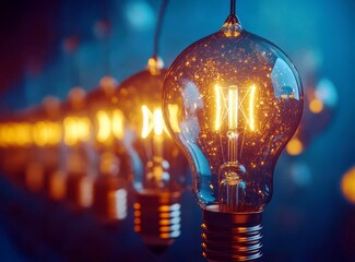 Poster - Captivating Close-Up of Vintage Light Bulbs with Glowing Filaments and Sparkling Dust in a Dark Setting