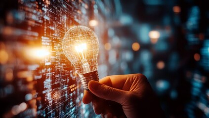Fototapete - Hand Holding a Light Bulb Against a Futuristic Background with Glowing Digital Patterns Representing Innovation and Technology Concepts
