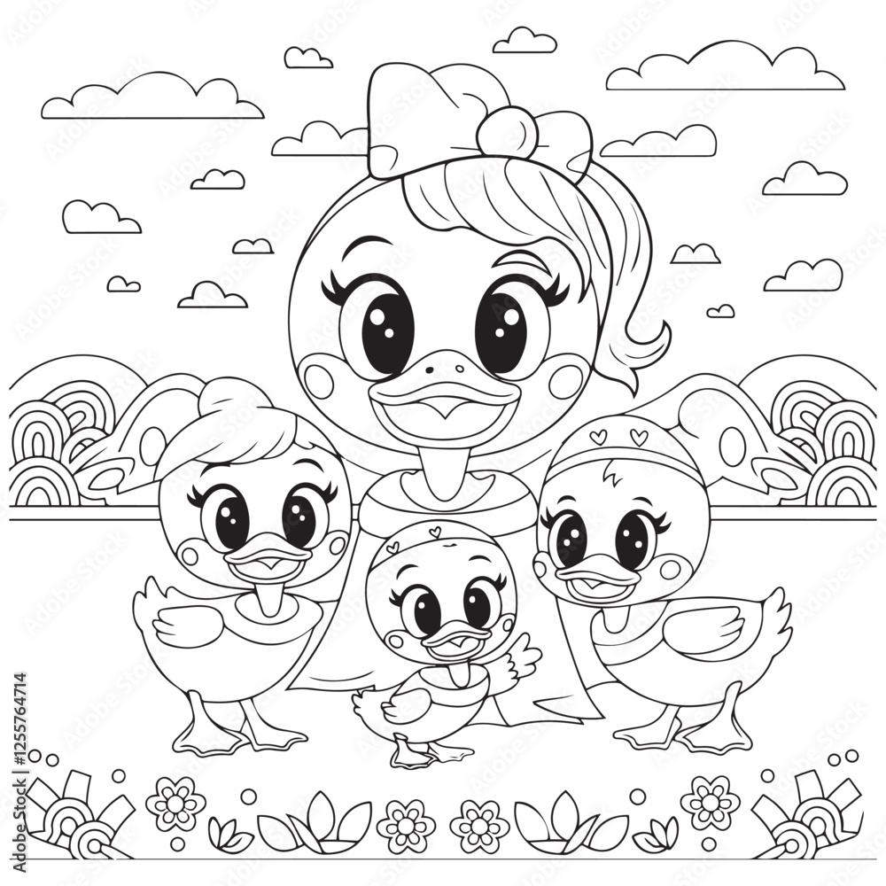 Cute kawaii duck family cartoon character coloring page vector ...