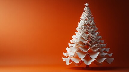 Poster - Minimalist White Paper Christmas Tree with Star on Orange Background: Festive Holiday Season Decoration and Celebration Banner