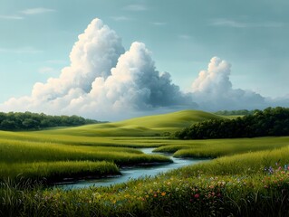 Enchanting natural pastoral landscape with vibrant green grass and lush wildflowers carpeting the foreground a babbling brook winding through the serene scene