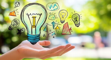 Poster - Creative Hand Holding Light Bulb Illustrating Innovative Ideas and Concepts with Artistic Sketches in a Natural Outdoor Setting