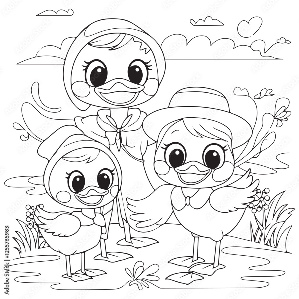 Cute kawaii duck family cartoon character coloring page vector ...
