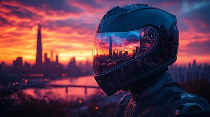 Poster - Motorcycle Helmet Reflecting a Vibrant Cityscape at Sunset: A Rider's Dream of Urban Adventures and Golden Horizons Awaits, Full of Anticipation.