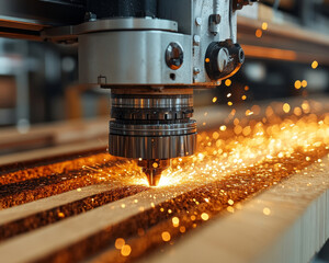 Poster - High tech machinery cutting hardwood with sparks flying