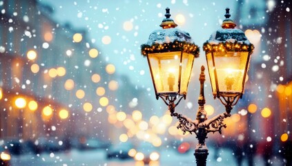 Poster - Elegant vintage lamp post illuminating snowy street during winter night with falling snowflakes and warm blurred bokeh lights in the background