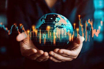 Poster - Hands Holding a Globe with Financial Graphs and Digital Analytics Representing Global Economy and Market Trends in Futuristic Style