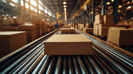 Poster - Hardboard sheets on conveyor belt in busy warehouse