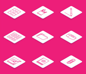 Poster - Set line Drawer with documents, Pencil case stationery, line, Office folders papers and, Document, Scotch, Blank notebook pen and User manual icon. Vector