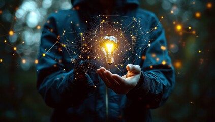 Fototapete - Bright Concept of Innovation with Light Bulb Surrounded by Energy and Data Connections in Person's Hands in Nature Background at Dusk