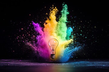 Poster - Colorful Explosion of Powder with Light Bulb in Dark Background Symbolizing Creativity and Inspiration in Artistic and Innovative Concepts