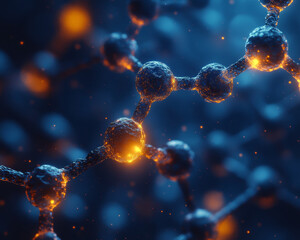 Poster - Molecular structure with glowing particles and dark background