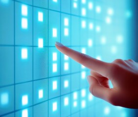 Fototapete - Futuristic Touch Interaction with Interactive Light Wall Display Showing Colorful LED Squares and Digital Interface Technology Concept
