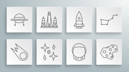 Poster - Set line Comet falling down fast, Rocket launch from the spaceport, Planet, Astronaut helmet, Asteroid, ship, Great Bear constellation and UFO flying spaceship icon. Vector