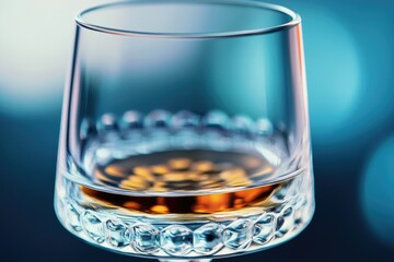 A glass of hard liquor with an ice cube and a splash of liquid on the rim, often used for toasting or serving at parties