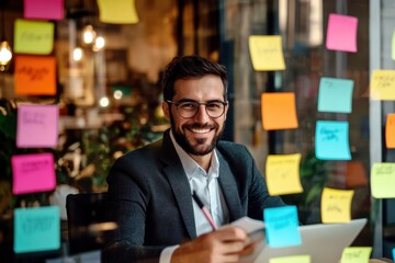 Poster - Professional man smiling at a desk surrounded by colorful sticky notes in a modern office setting, showcasing creativity and productivity in work environment