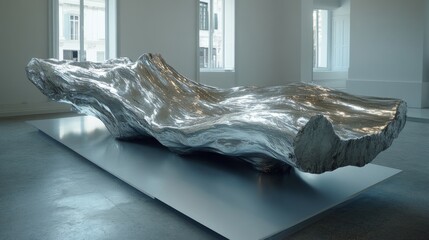 Aufkleber - Sculpted Liquid Silver: A Modern Art Installation Showcasing Reflective Textures and Minimalist Design Against a Bright Gallery Backdrop.