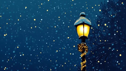 Poster - Snowy Winter Night with Lantern and Gentle Snowfall, Creating a Magical and Warm Atmosphere in a Park Setting with Soft Lights and Holiday Decor