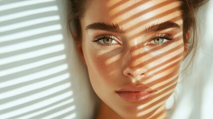 Poster - A close-up portrait of a woman displaying captivating green eyes and beautiful skin, enhanced by dramatic shadows from striped light playing across her face.