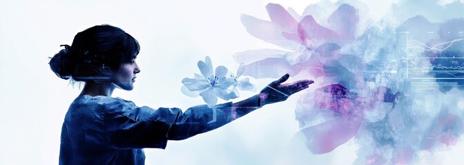 Poster - Woman Reaching Out with Abstract Floral Elements and Digital Data Representations, Symbolizing Growth and Connection in a Modern World