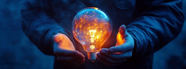 Poster - Hands Holding a Glowing Light Bulb with a Beautiful Abstract Design, Symbolizing Innovation and Imagination in a Dark Environment