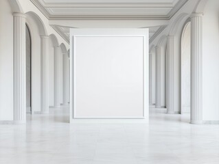 Poster - A minimalist art gallery featuring a blank canvas in a spacious, elegantly designed white interior with arches and marble flooring.