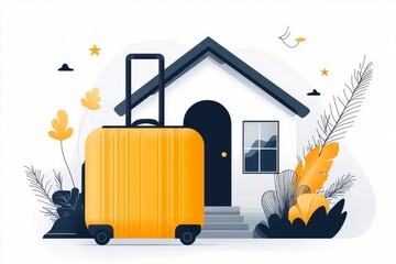 Poster - A simple, clean icon of a suitcase beside a house, representing a traveler staying in a homestay