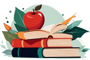 Poster - A simple, clean icon of a stack of books with an apple on top, symbolizing faculty knowledge