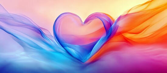 Poster - Colorful abstract swirl design forming a heart shape showcasing soft gradients of blue, purple, red, and orange in a dreamy background of light hues